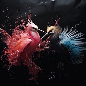Combat d'oiseaux avec explosion de couleurs sur Karina Brouwer