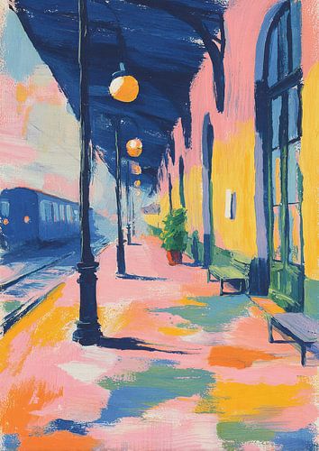 Kleurrijke stationsscène met houten bank