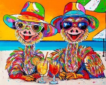 Sunset Sips: Ostrich Adventures by Happy Paintings
