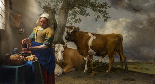 Milkmaid pours fresh milk