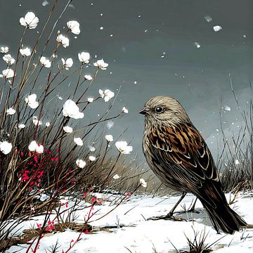 Winterlied | Haussperling auf verschneitem Ast zwischen rosa Beeren