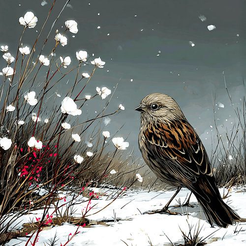 Chant d'hiver | Moineau domestique sur une branche enneigée parmi des baies roses