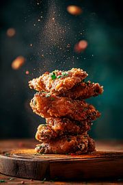 Krokante stukjes kip op een houten plank van Poster Art Shop