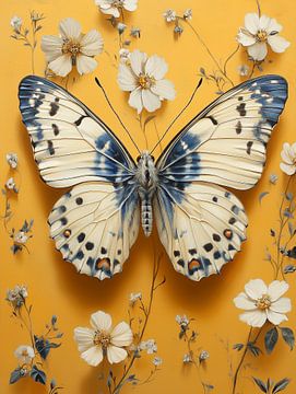 Delfts Blauwe Vlinder 3 op Gele Achtergrond met Bloemen van Studio Ypie