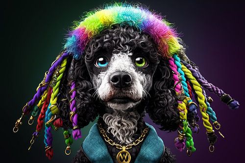 Stylischer Pudel mit bunten Rasta-Vibes