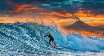 Surfer on Wave with Volcano and Sunset