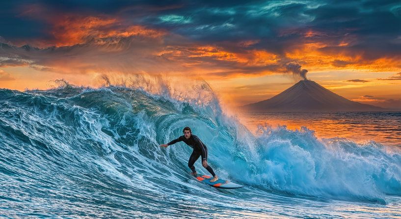 Surfer auf Welle mit Vulkan und Sonnenuntergang von Markus Gann