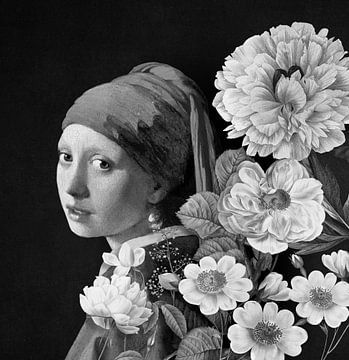 Meisje met de Parel - Black and White Floral Edition van Marja van den Hurk