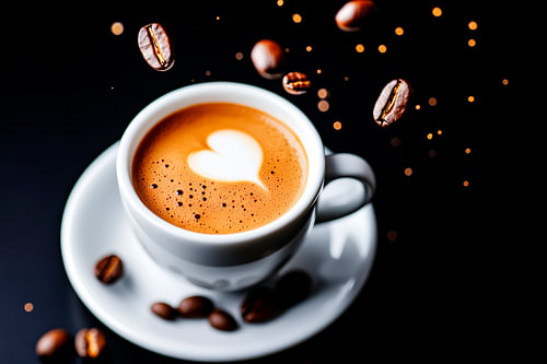 Koffiemok met hart en koffiebonen