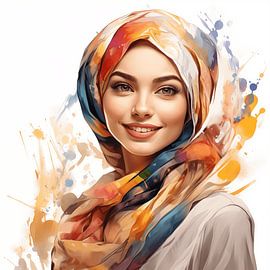 Porträt einer lächelnden muslimischen Frau mit buntem Kopftuch Aquarell-Kunst Design