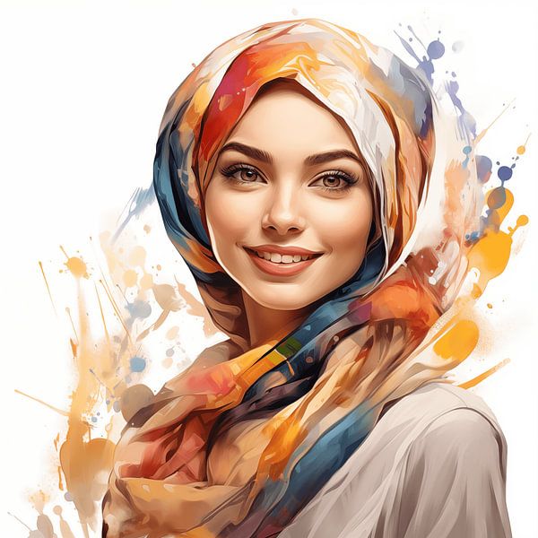 Porträt einer lächelnden muslimischen Frau mit buntem Kopftuch Aquarell-Kunst Design von Animaflora PicsStock