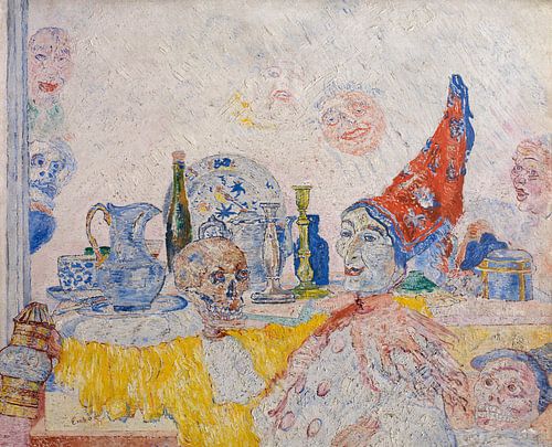 James Ensor. Pierrot en skelet in een gele toga