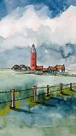 Eierland Lighthouse and the dunes of Texel | Hand-painted watercolour | Portrait orientation by WatercolorWall