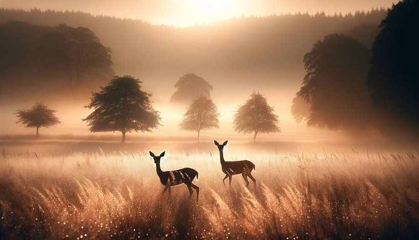 Morning dew: deer in the first light of day by artefacti