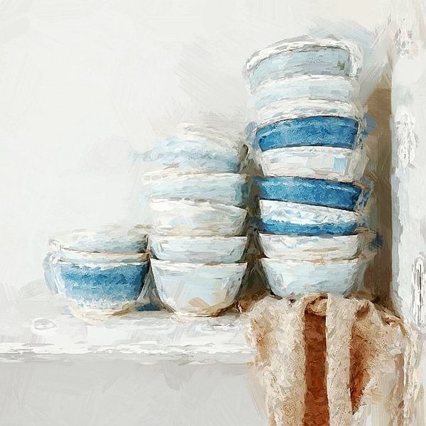 still life bowls stacked in white and blue. by J.a Dijkstra