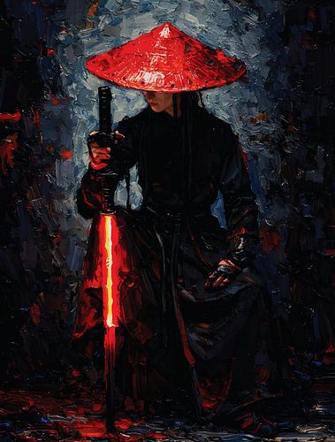 Red Hat Samurai Gloeiend Katana Impasto Krijger Portret van Ramy Salah Hefny