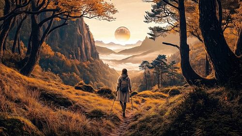 Wandelaar in de herfstige maanvallei