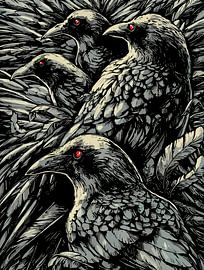 Rotäugige Raben - Mysteriöse Gothic Wildlife Kunstwerk von Ramy Salah Hefny
