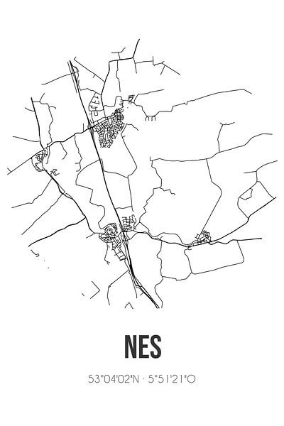 Nes (Fryslan) | Landkaart | Zwart-wit van Stad & Wand