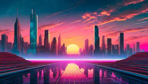 Retro zonsondergang met stad