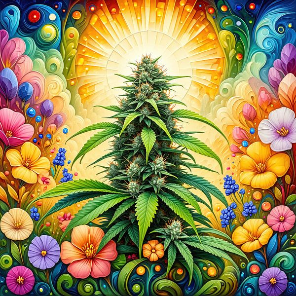 Cannabis in the light of the flower - A colourful homage to the cannabis plant as a symbol of natural sublimity, vitality and transformation (1 of 3) by AidasignArt
