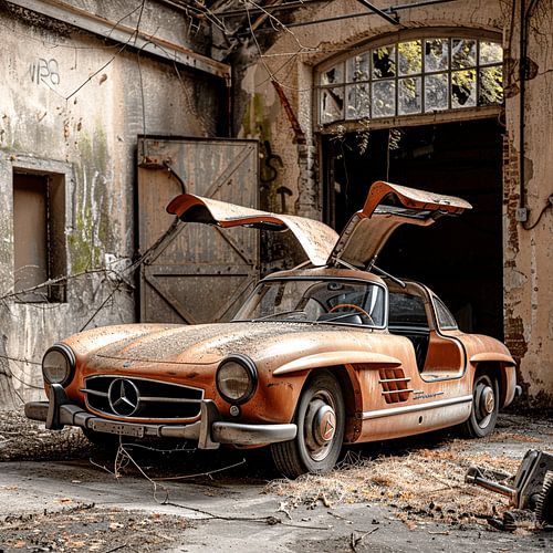 Lost Place Mercedes 300 SL gullwing doors orange copper Workshop