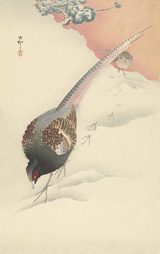 Couple de faisans dans la neige d'Ohara Koson
