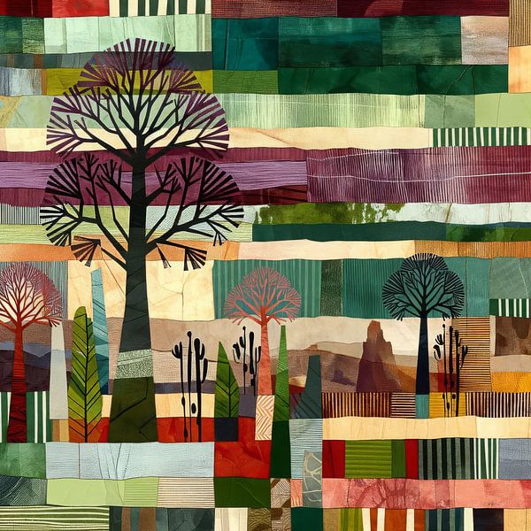 Collage/mosaic through the trees the forest green-aubergine by Lois Diallo