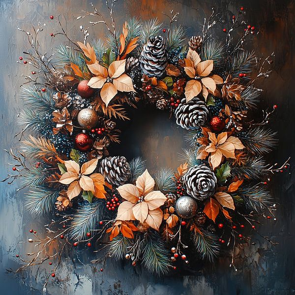 Weihnachtskranz | Kranz mit Tannenzapfen und Beeren von Abstraktes Gemälde