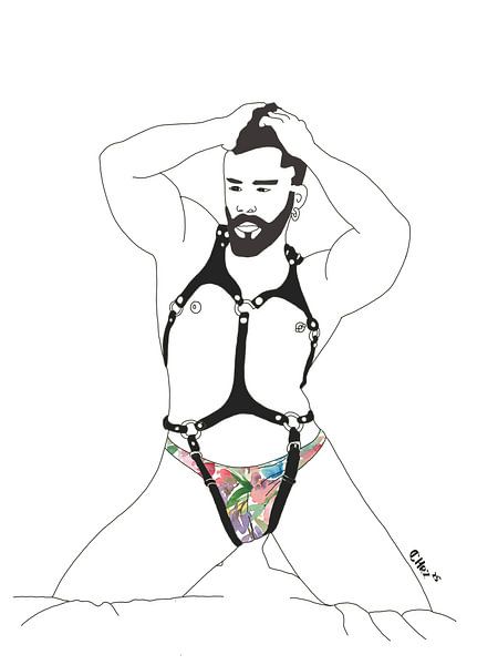 Leather &amp; Petals - Floral Harness Male Nude Art Print - Erotic Gay Wall Decor, Bold Line Art Drawing with Colorful Underwear, Modern Queer Artwork von Chrz - AquaPixelFusion