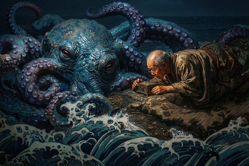 japanse kunst oude man met inktvis van Egon Zitter