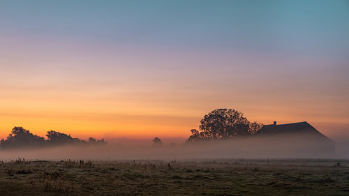 Zonsopkomst op een mistige boerderij