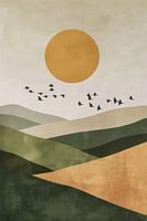 Groene zonsopgang met vogels - Minimalistische landschapskunst