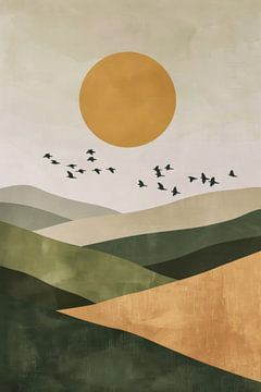 Groene zonsopgang met vogels - Minimalistische landschapskunst van Poster Art Shop