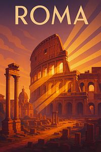 Roma Art Deco Travel Poster - Kolosseum bei Sonnenuntergang