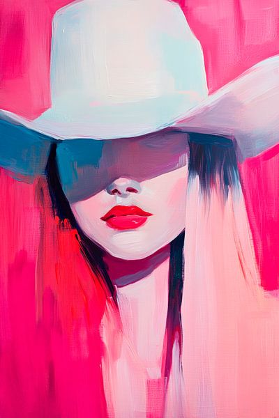 Vrouwelijk portret met witte hoed en magenta van Poster Art Shop