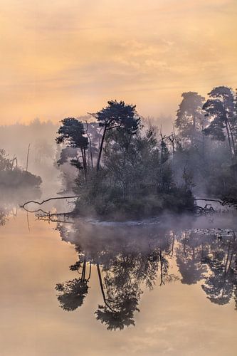 Daybreak with orange sky reflected in a misty lake