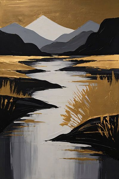 Rustic River Flowing Through Monochrome Mountains van Art & Soul Creations