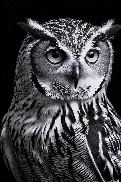 Detailliertes Schwarz-Weiß-Foto einer Eule von Art & Soul Creations