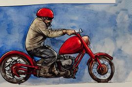 Alter Mann mit rotem Helm auf Motorrad von Renato Daub