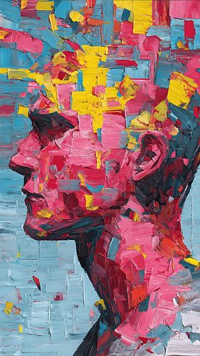 Surreal Orbiting Mind – Distorted Figure with Floating Objects in Abstract Psychological Art