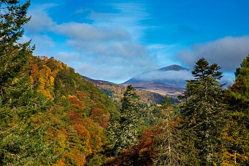 Pass of Killiecrankie autumn colour with Ben Vrackie mountain, Pe