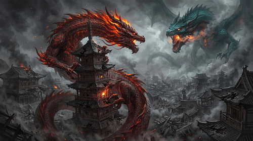 Two Dragons Fighting Fire Red Blue Dragon Battle Ancient Pagoda Ruins Fantasy Art