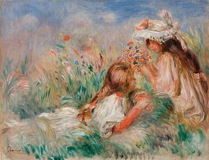 Im Gras liegendes Mädchen und ein junges Mädchen beim Arrangieren eines Blumenstraußes, Renoir (1890