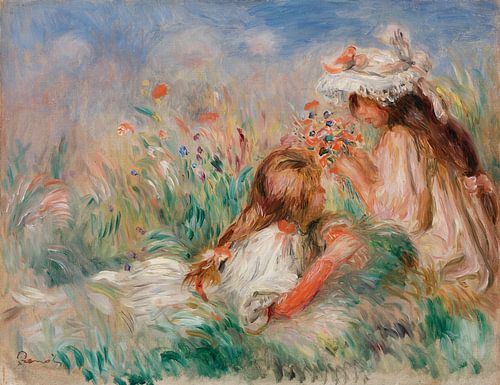 Meisje liggend op het gras en jong meisje schikt een boeket, Renoir (1890)