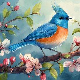 Blauer Vogel auf einem Ast im Frühling, Kunstdesign