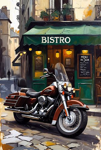 Klassieke motorfiets en een charmant bistro