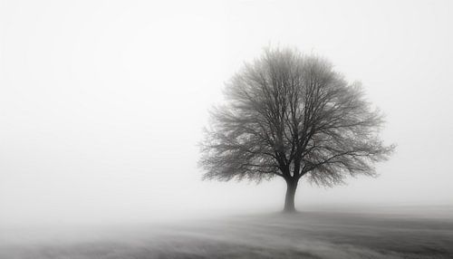 Boom in de mist zwart-wit panorama semi abstract