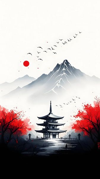 Gelassene japanische Pagoden-Landschaft von Clay Artista