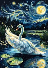 Cygne blanc dansant sur le lac - Nuit étoilée